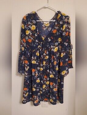 Umgee + Navy Floral V-Neck Midi Dress with Yellow & Orange Blooms Boho Chic